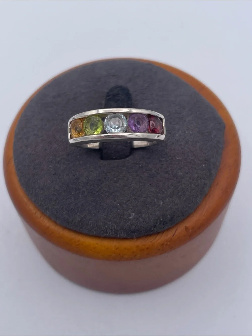 Vintage 925 Sterling Silver Rainbow Multi Gemstone Channel Band Ring Size 8
